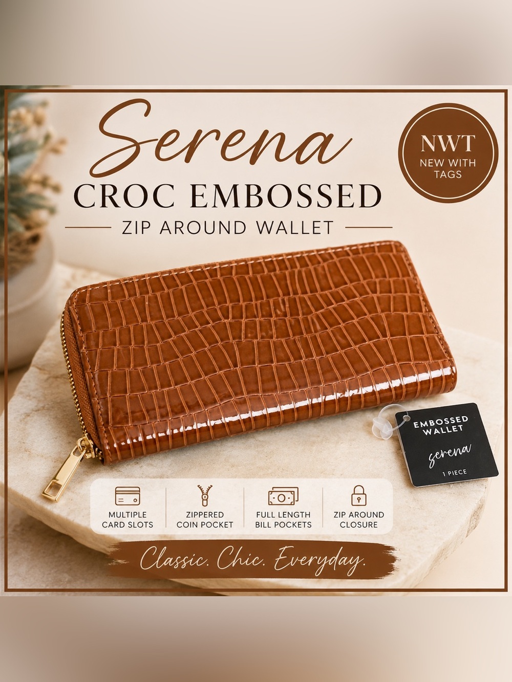 NWT Serena Brown Croc Embossed Zip Around Wallet Gold Tone Hardware